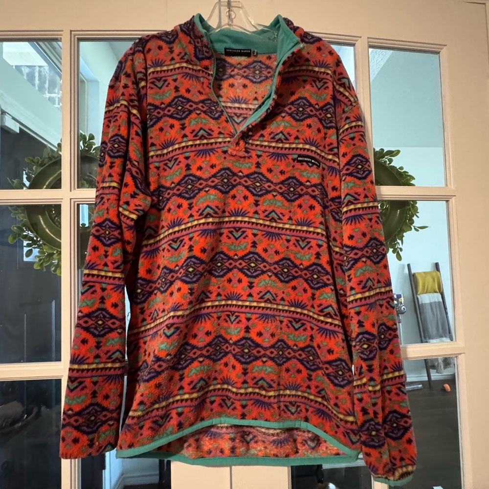 Southern Marsh Orange Patterned Lightweight Fleece Pullover with Teal Trim